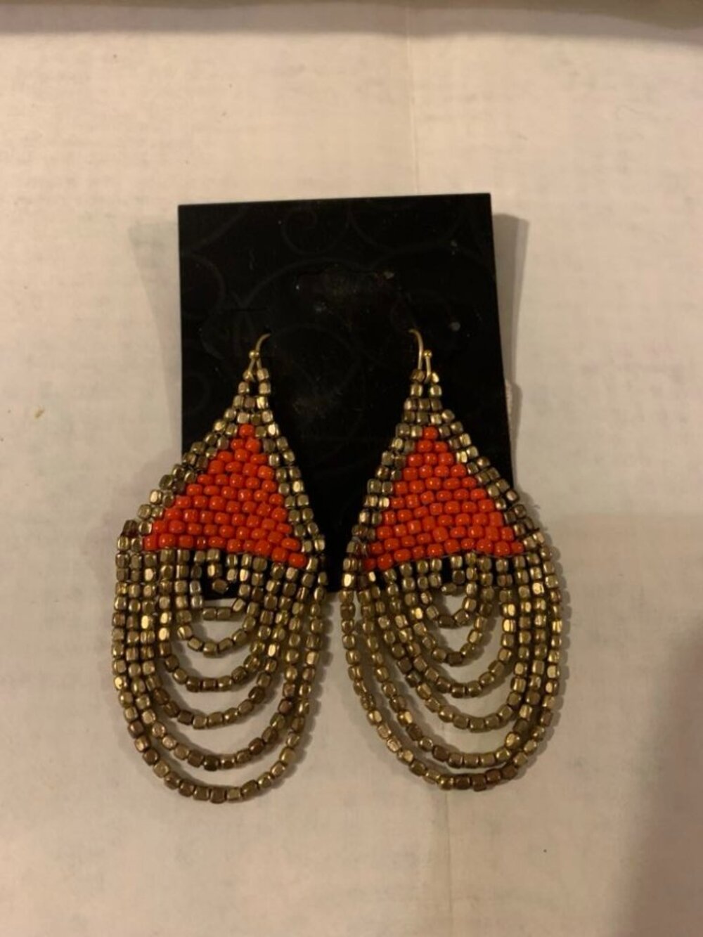 Hand Made Seed Bead Orange and Gold Pierced Earrings